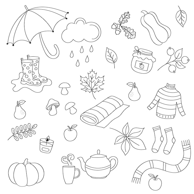 Set of hand drawn autumn doodle elements. isolated on a white background.