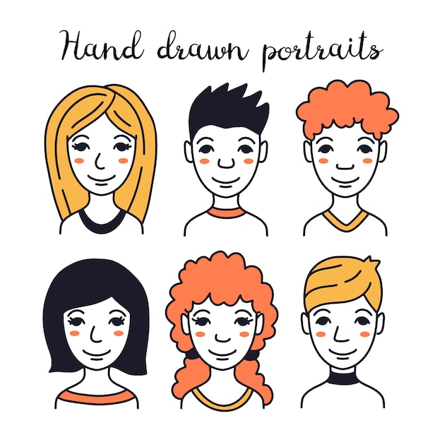 Set di avatar disegnati a mano di persone diverse