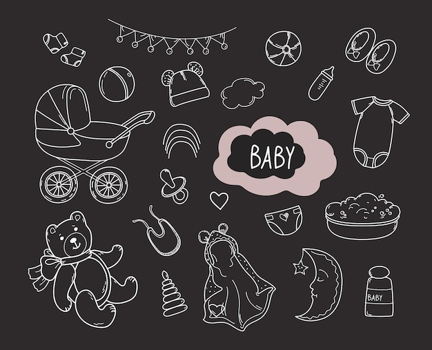 Set of hand drawn baby boy and girl Cartoon sketch style chalk doodle