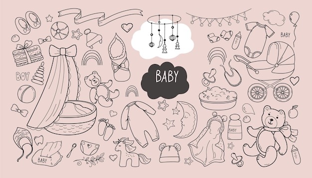 Vector set of hand drawn baby girl and boy cartoon sketch style doodle for icon banner