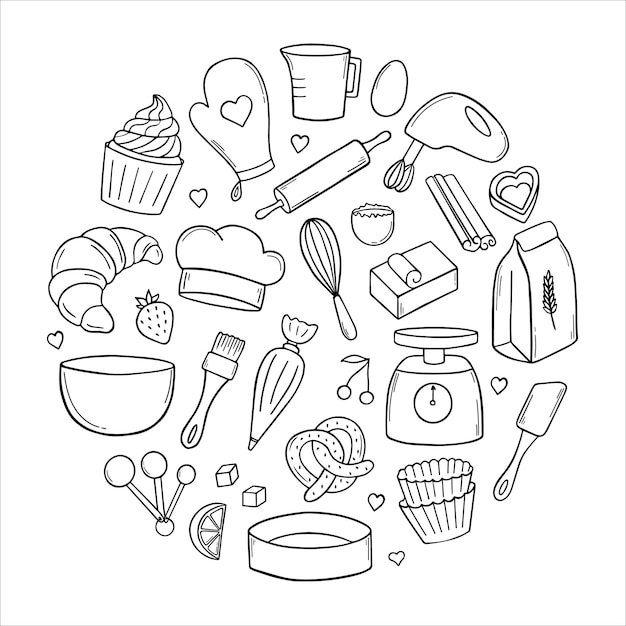 Set of hand drawn baking doodle in circle shape.