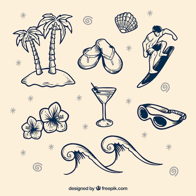 Set of hand drawn beach elements