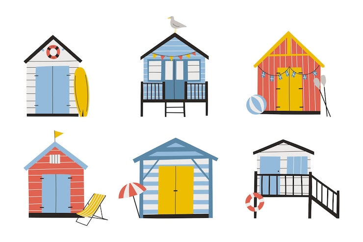 Vector set of hand drawn beach huts colorful summer illustration