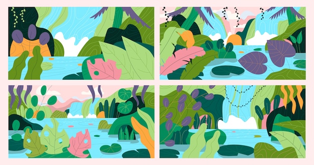 Set di disegnati a mano bellissimo paesaggio esotico con cascata. illustrazione piatta.
