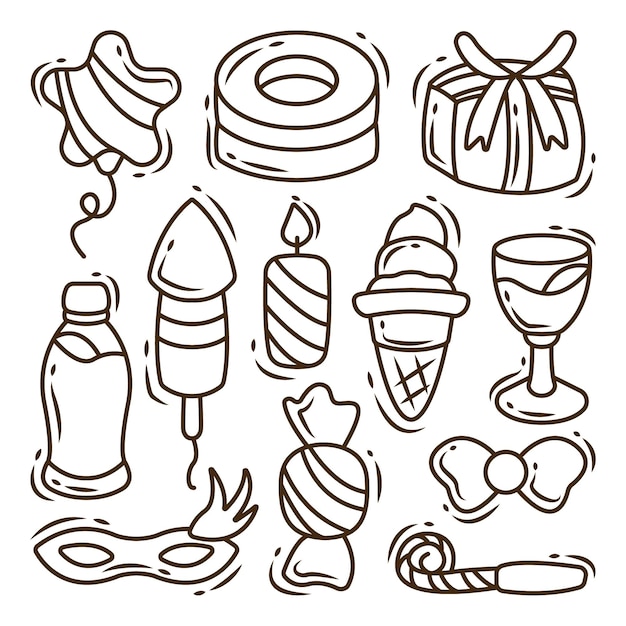 Vector set of hand drawn birthday items cartoon doodle style coloring