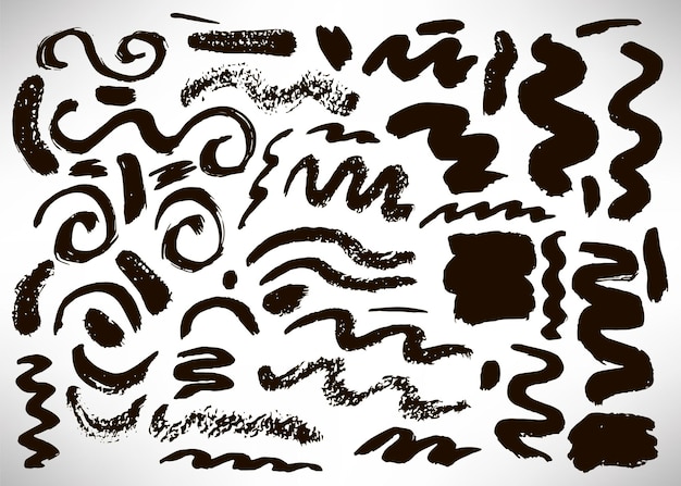 Set di elementi grunge neri disegnati a mano, striscioni, pennellate isolati su bianco.
