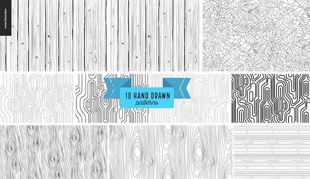 Vector set, hand drawn black, white geometric patterns