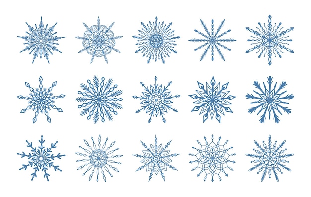 Set di fiocchi di neve blu disegnati a mano ornamento circolare elemento di design invernale