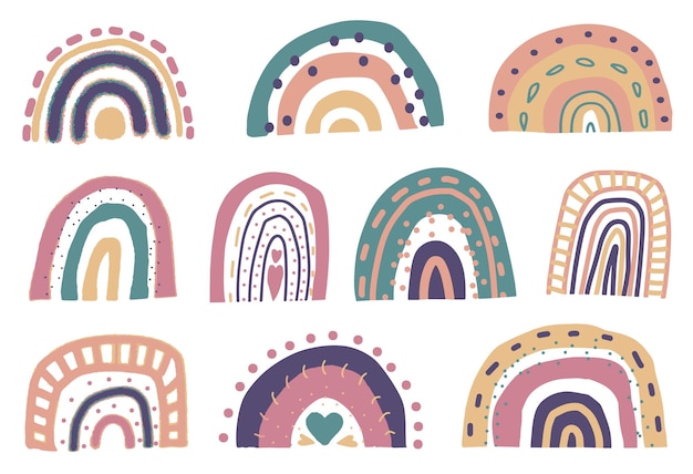 Un insieme di clip art di forma astratta dell'arcobaleno della curva di boho disegnata a mano