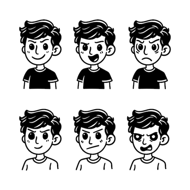 多様性と様々な感情を示す男の子のキャラクターの手描きセット