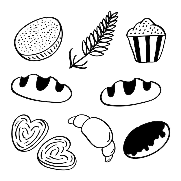 Vector set of hand drawn bread icon in doodle style