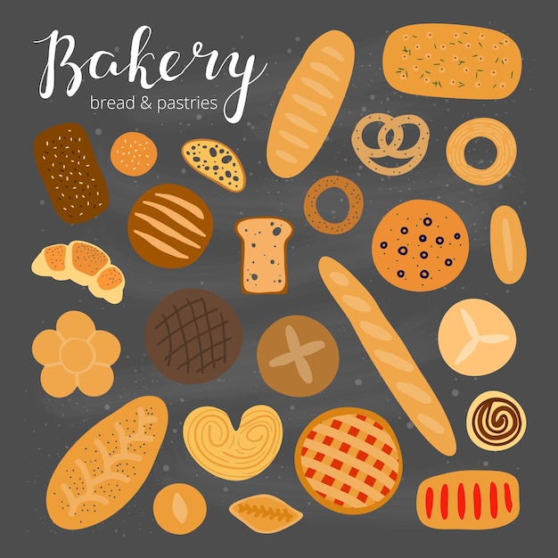 Vector set of hand drawn bread and pastries