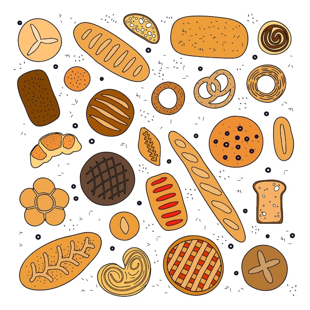 Set di pane e dolci disegnati a mano