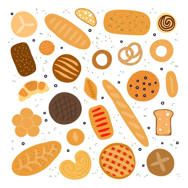 Set di pane e dolci disegnati a mano