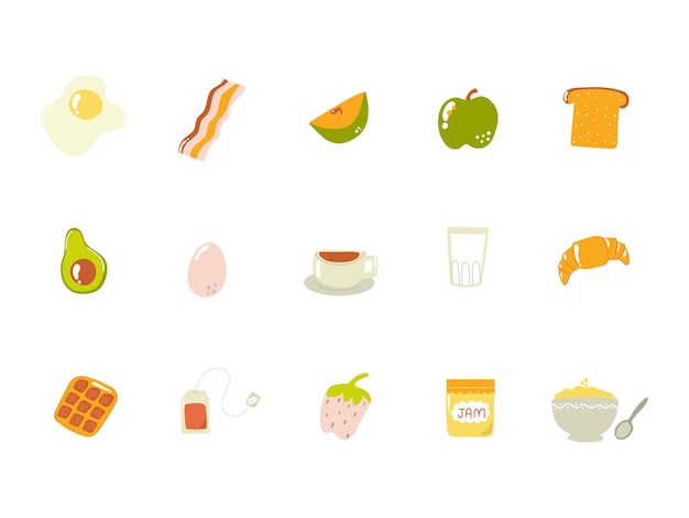 Set of hand drawn breakfast elements cute flat illustration