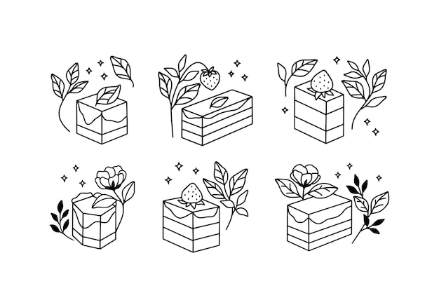 set of hand drawn cake isolated on white