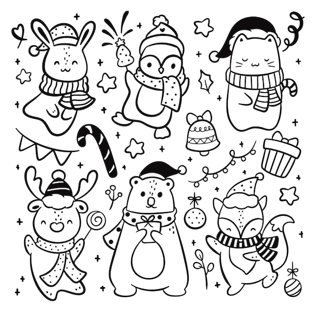 Set of hand drawn cartoon Christmas animal vector illustration