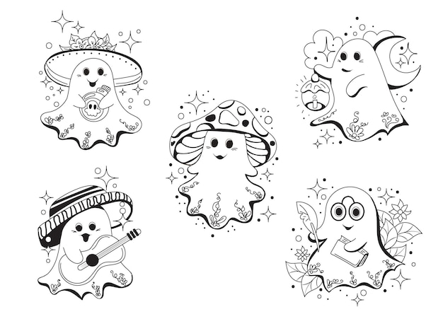 Vector set of hand drawn cartoon cute ghosts for halloween black and white drawing for coloring book