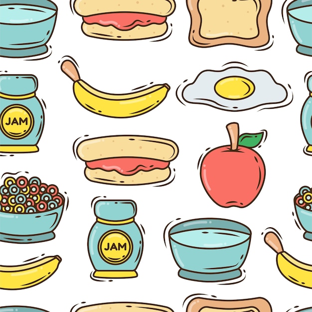 Vector set of hand drawn cartoon doodle breakfast items seamless pattern