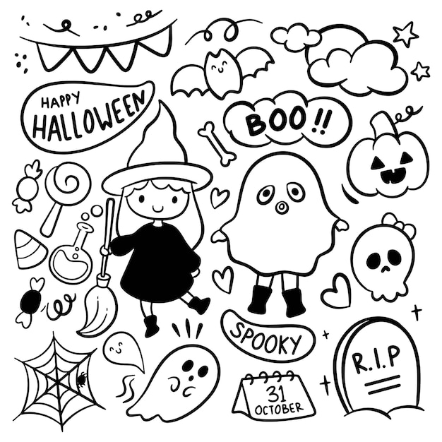 Insieme dell'elemento di doodle di halloween del fumetto disegnato a mano, clipart vettoriali