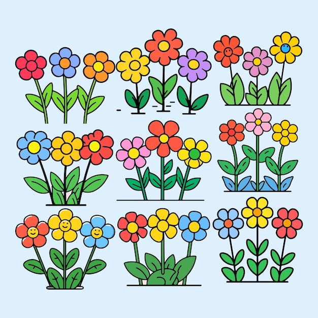 벡터 다채로운 꽃의 손으로 그린 만화 이미지 설정