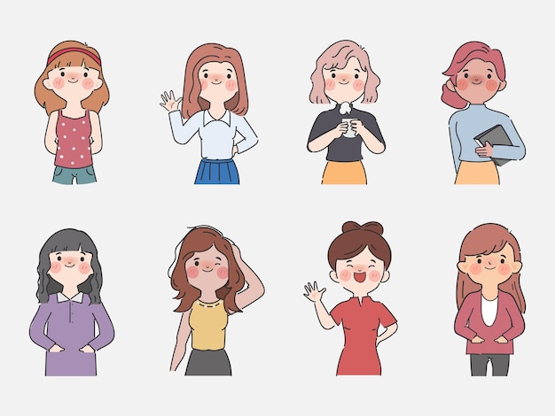 Set di posa di gesto di donne del fumetto disegnato a mano