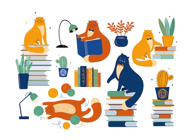 Vector set of hand drawn cats, books, and houseplants