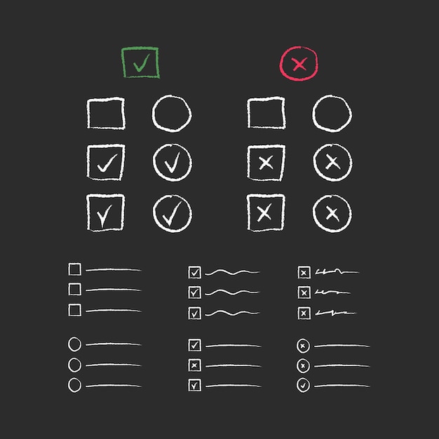 Set of hand drawn check mark and cross in square and circle. Vector illustration