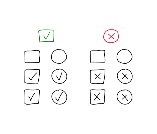 Vector set of hand drawn check mark and cross in square and circle. vector illustration