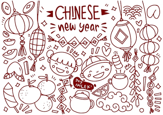 Vector set of hand drawn chinese new year doodle year of dragon