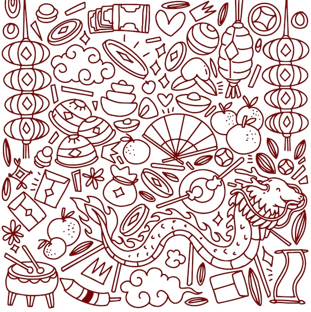 Vector set of hand drawn chinese new year doodle year of dragon