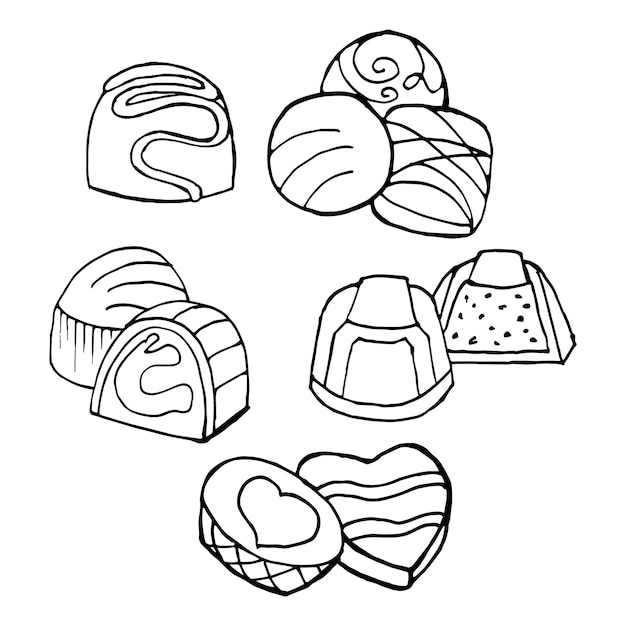 Set of hand drawn chocolate candies, sketch, outline drawing. food illustration, vector