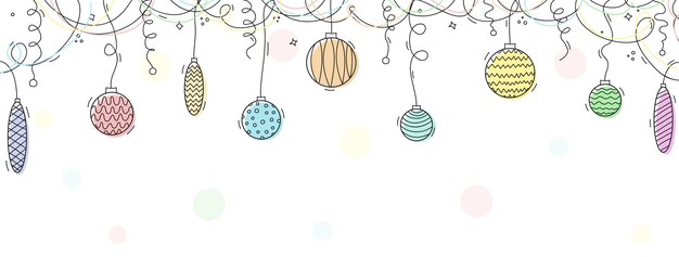Set of hand drawn christmas baubles Christmas balls hanging with ribbons on white background