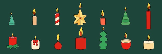 Set of hand drawn Christmas candles Collection of Christmas candles in colored outline style