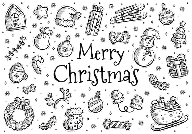 Set di elementi di doodle di natale disegnati a mano in schizzo nero