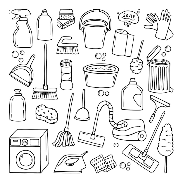 Set di doodle di servizio di pulizia disegnato a mano.