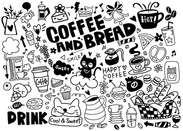 Set di caffè disegnati a mano e deliziosi dolci. illustrazione