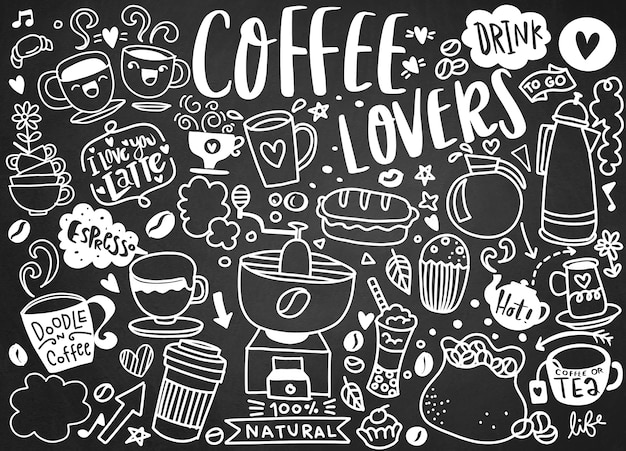 Set di caffè disegnati a mano e deliziosi dolci. illustrazione vettoriale