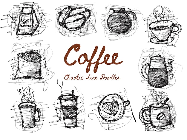 Vettore set di scarabocchi di caffè disegnati a mano.