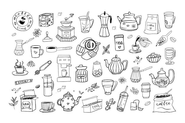 Vector set of hand drawn coffee and tea theme elements in doodle style coffee time tea shop vector