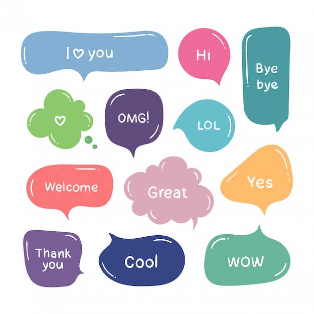 Vector set of hand drawn color think and talk speech bubbles with message, dialog.