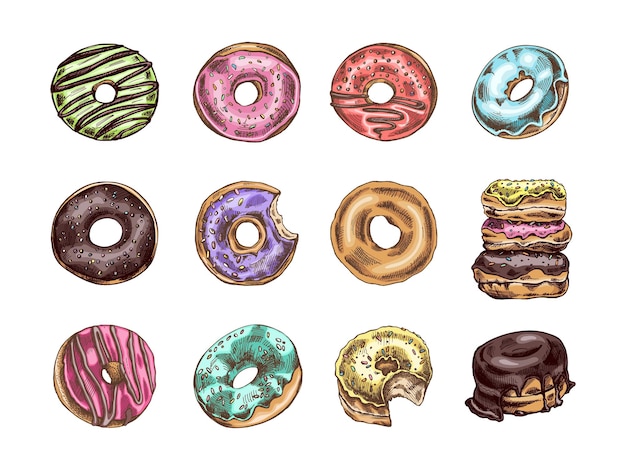 A set of hand drawn colored sketches of donuts Vintage illustration Pastry sweets dessert