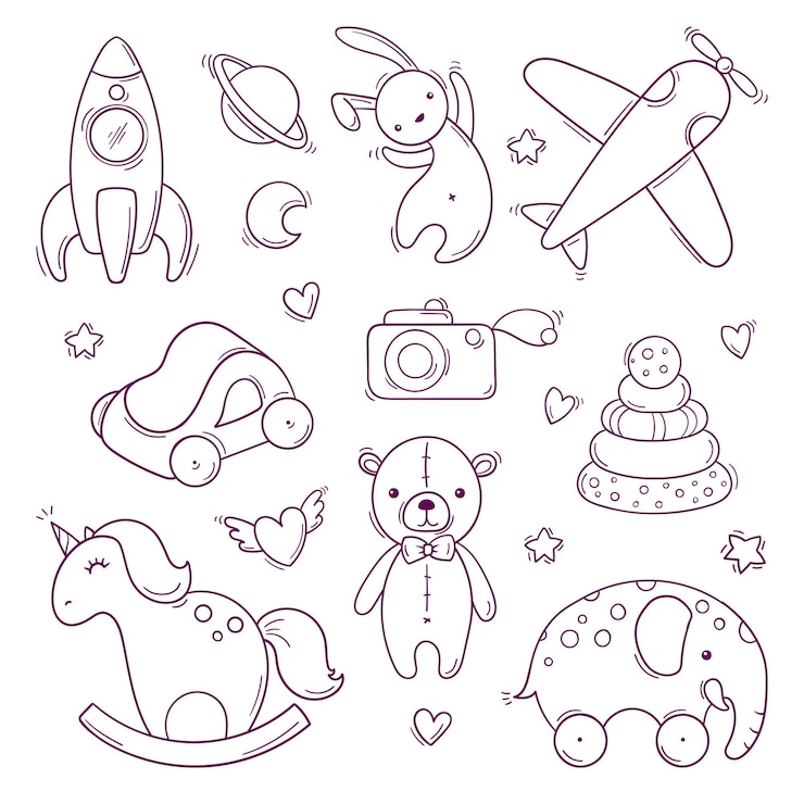 Vector set of hand drawn colorful baby toys in doodle style isolated on white background
