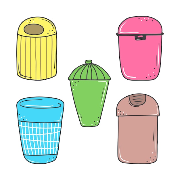 Vector set of hand drawn colorful containers trash baskets isolated on a white background