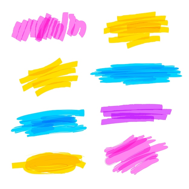 Set of hand drawn colorful highlighter stripes strokes and marks Abstract brush strokes