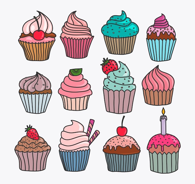 Set of hand drawn cupcakes.