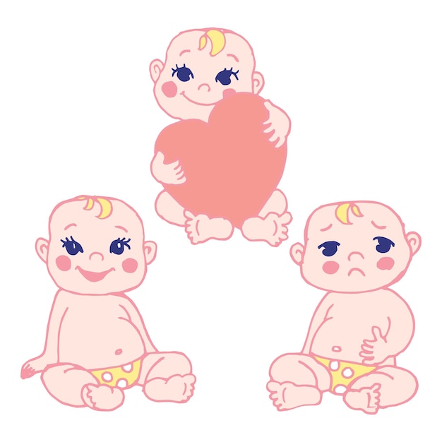 Set of hand drawn cute babies, pastel colors
