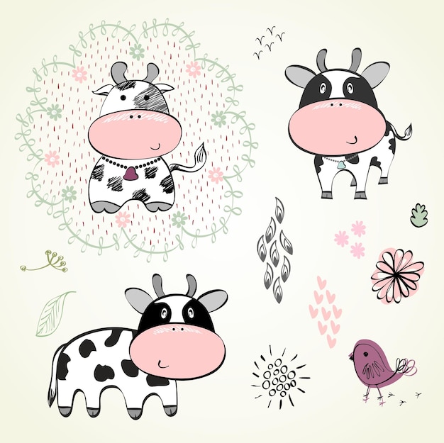 Vector set of hand drawn cute calves cartoons