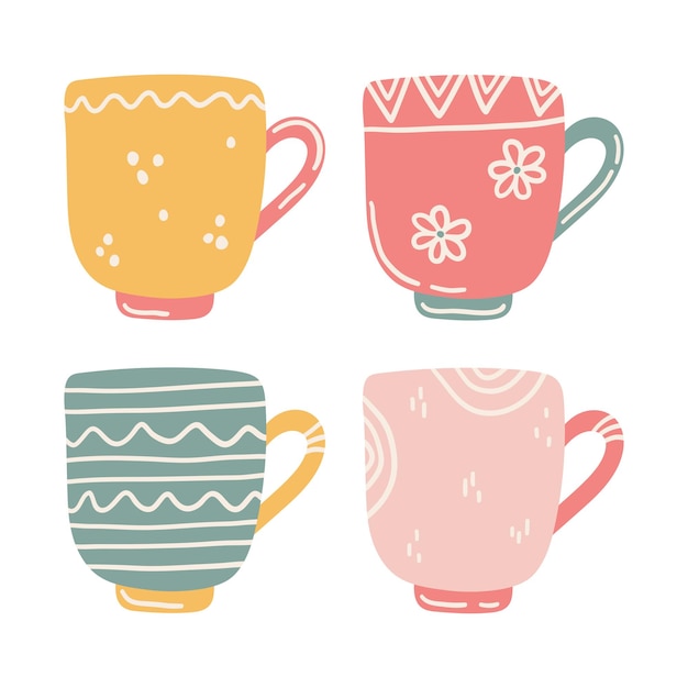 Set of hand drawn cute colored cups