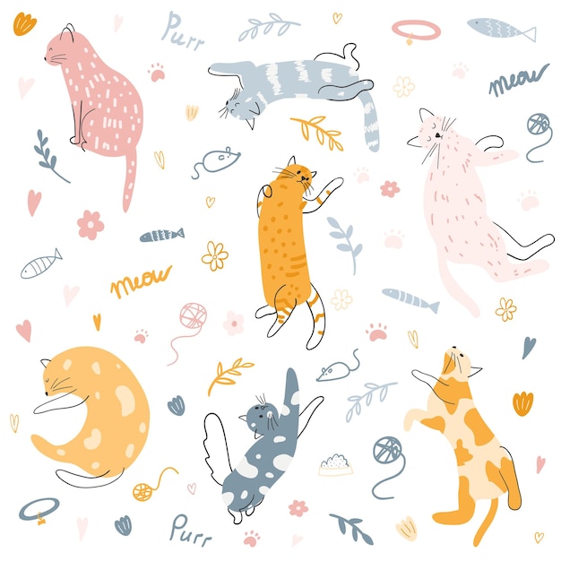 Set of hand drawn cute colorful cats vector illustration of kittens funny animal for poster fabric print kids textile card design